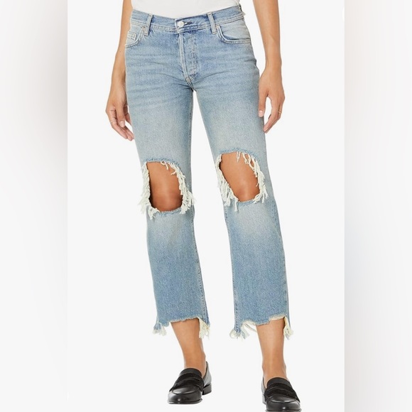 Free People Jeans Blue Maggie Distressed Raw Hem Mid Rise Straight Leg Size 29 - Picture 2 of 13